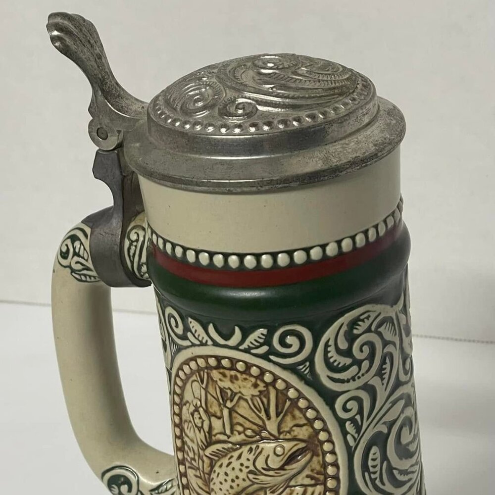 Vintage Stoneware Beer Stein Pewter Lid 1978 Fishing & Hunting Avon Collectible